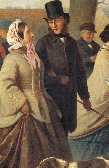 His formal attire and prominent position indicate he is a significant figure in the scene, possibly a gentleman of importance.