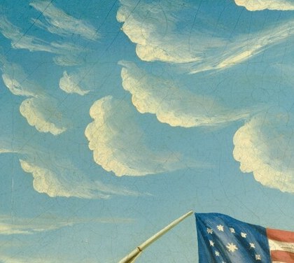 Stars and stripes are legible; the flag is a deliberate patriotic statement locating this as an American port during the era of expanding maritime commerce, not merely a navigational detail.