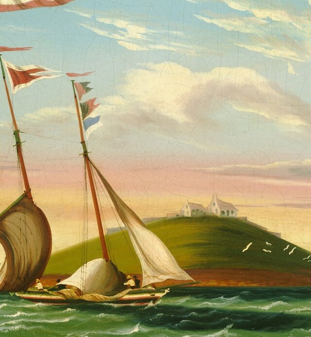 The visual heart of the composition; Chambers' folk-art color sense places warm amber sails against cool green water for maximum chromatic contrast , the painting's most immediately striking passage.