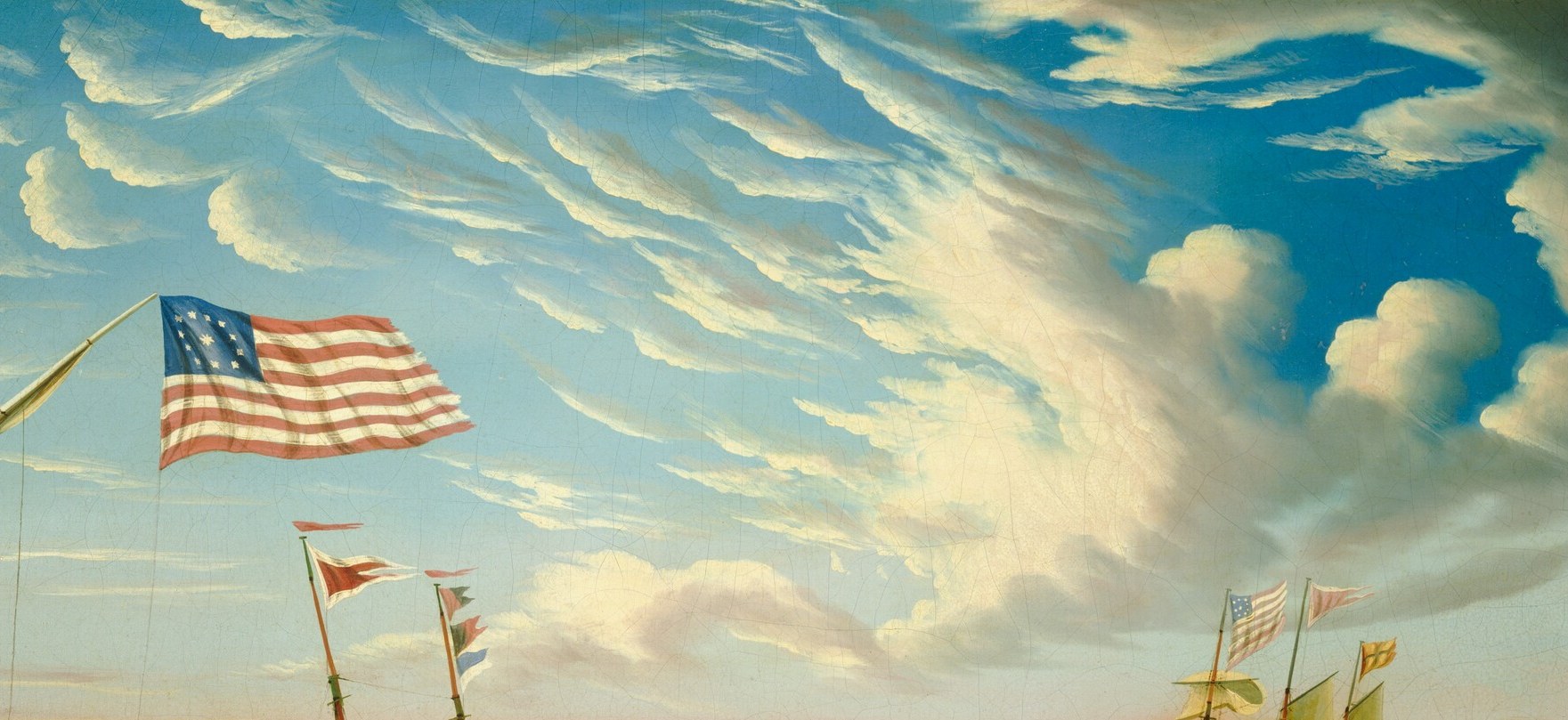 More than half the canvas is sky; Chambers' clouds are painted in bold flat strokes that prefigure modernist simplification , the theatrical Romantic sky translated into a graphic, nearly abstract pattern.