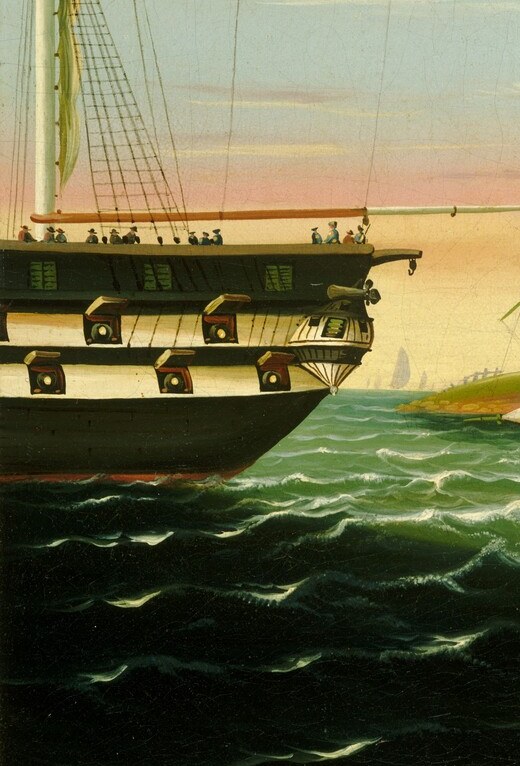 Dominant compositional anchor; the dark painted hull with its cropped stern pulls the viewer into the harbor scene rather than observing from shore , an immersive framing device unusual in American folk painting.