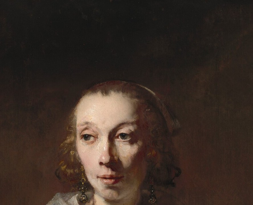 Her steady frontal gaze creates an intimate psychological encounter , the portrait's entire emotional weight concentrates here, uncommon directness for a 17th-century female sitter.