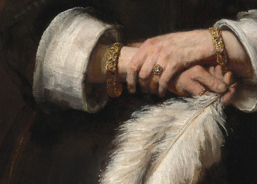 Among the most carefully observed passages in the work , fingers softly lit, knuckles summarised economically, the grip conveying quiet propriety rather than display.