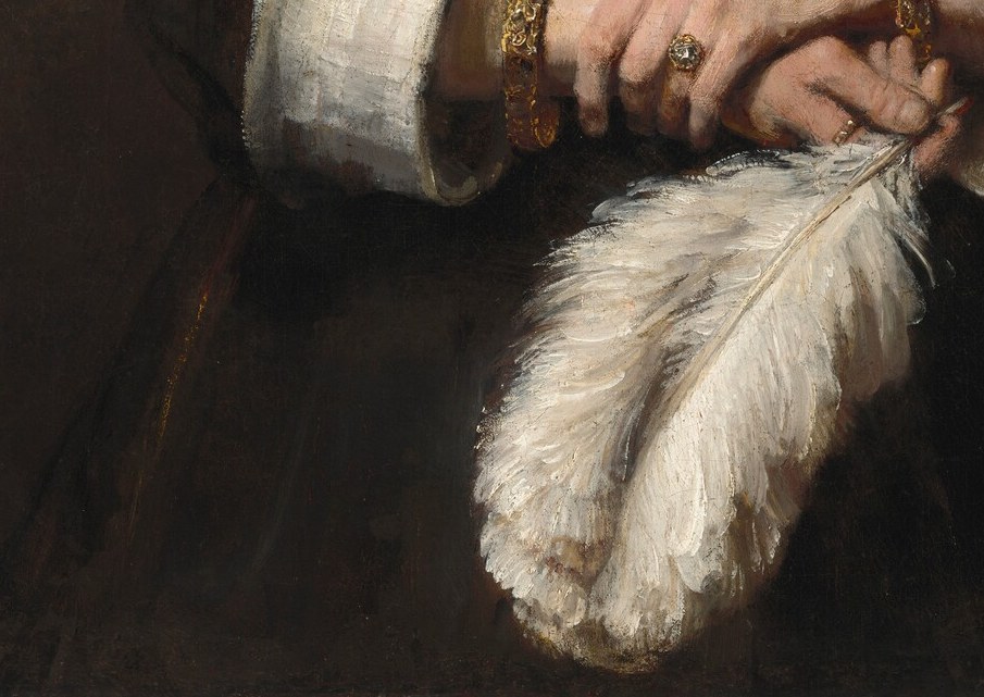 The titular luxury object: ostrich feathers were costly imports from North Africa. Rembrandt renders them in loose, gestural strokes that make feather texture legible without literalism.