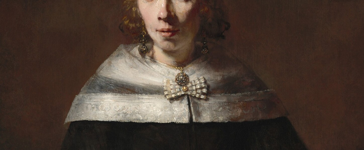 This wide flat collar radiates light and frames the face; Rembrandt's loose, confident brushwork here contrasts sharply with the tightly observed face above it , two speeds of paint in one canvas.