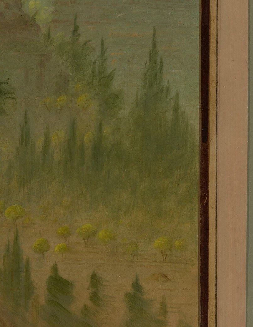 Their dark, vertical forms contrast with the rounded shapes of the mountain and rhododendron.