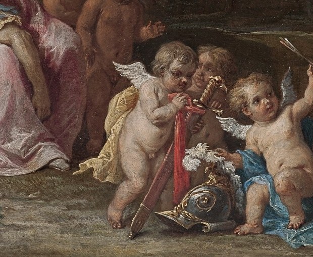 These playful putti handle the knight's discarded armor.