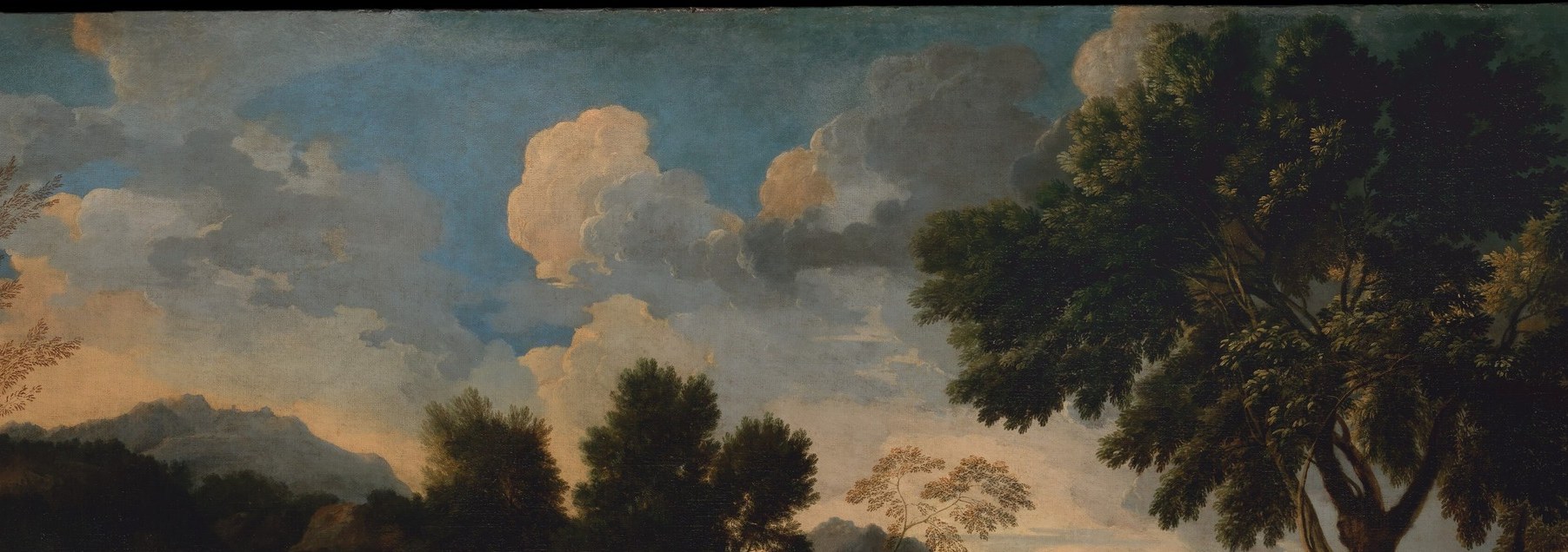The clouds are lit from below with golden warmth against a cooler blue , a baroque sky-painting technique that charges the pastoral scene with theatrical energy