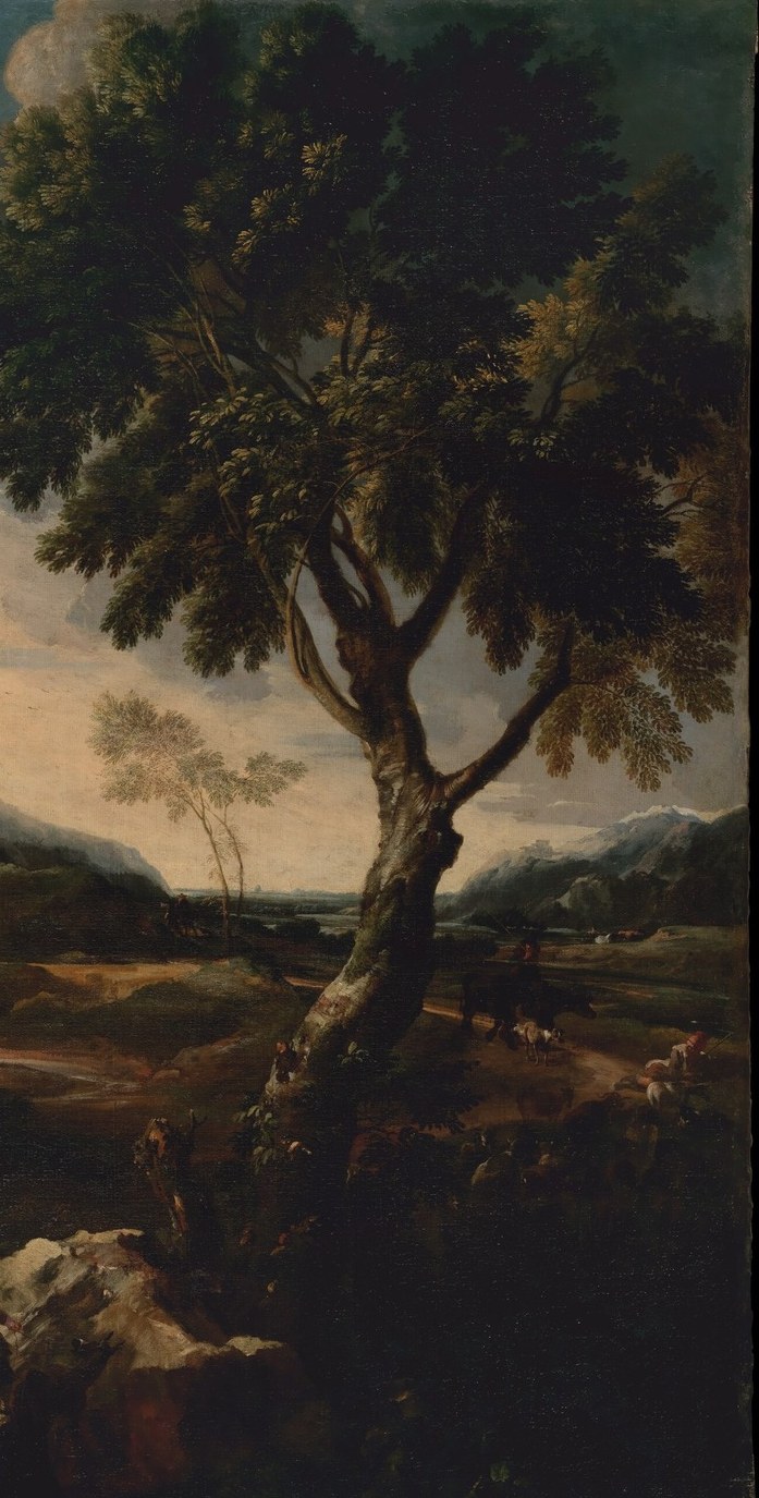 A classical repoussoir framing device; its scale dwarfs all human figures and animals, placing human drama inside an indifferent natural world