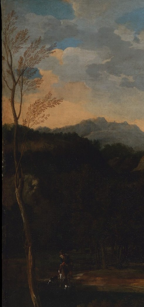 Paired with the right tree to create a coulisse composition , the twin dark wings focus the viewer's gaze toward the central clearing where the action unfolds