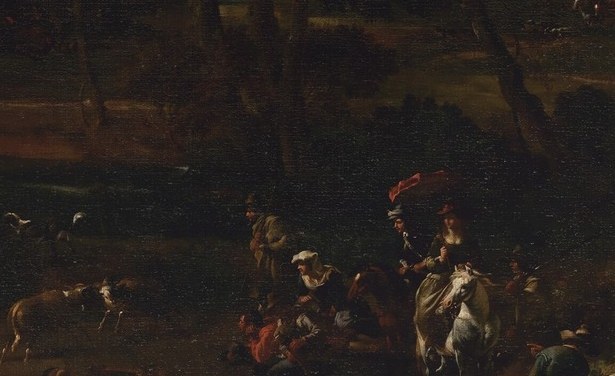 The title subject and visual fulcrum , their confrontation is the dramatic event the whole composition orbits, making animal instinct the pivot of an otherwise tranquil pastoral