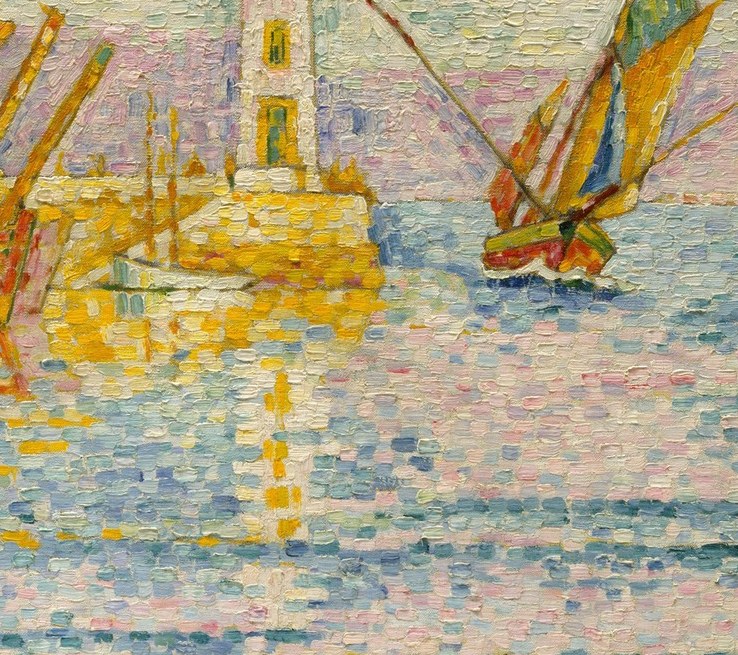 The still water acts as a breathing space; its cool blue-green is the complement to the warm hulls flanking it, illustrating divisionist spatial logic.