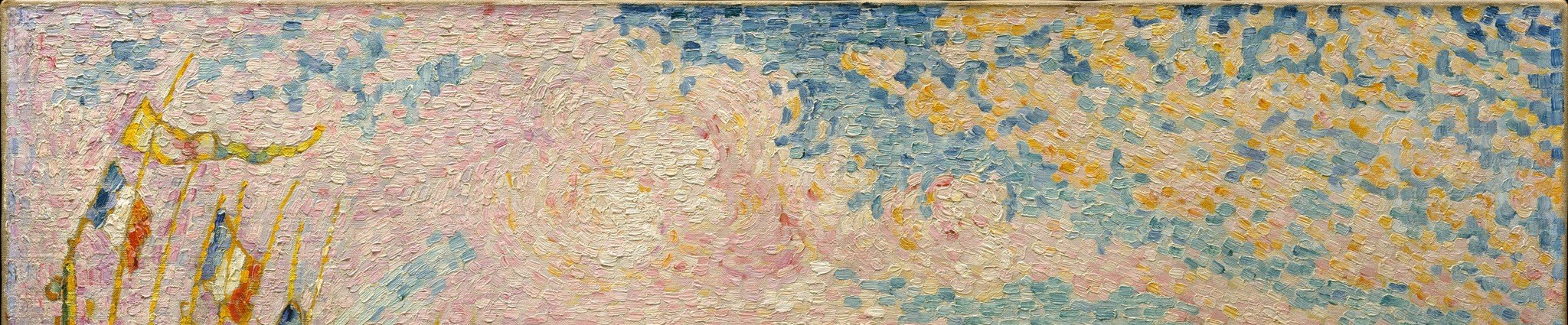 The entire sky is assembled from discrete strokes of pink, violet, and blue , no blending, yet the eye reads soft atmosphere. This is the technique argument made most legible.