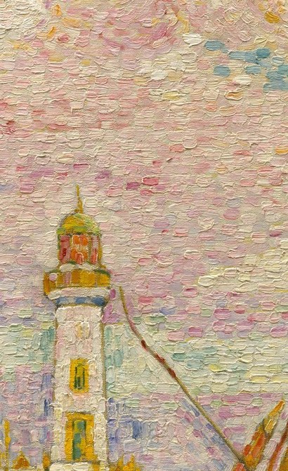 The compositional spine of the painting , its vertical axis anchors an otherwise horizontal field of masts and water, and its whiteness draws the eye through every surrounding color.