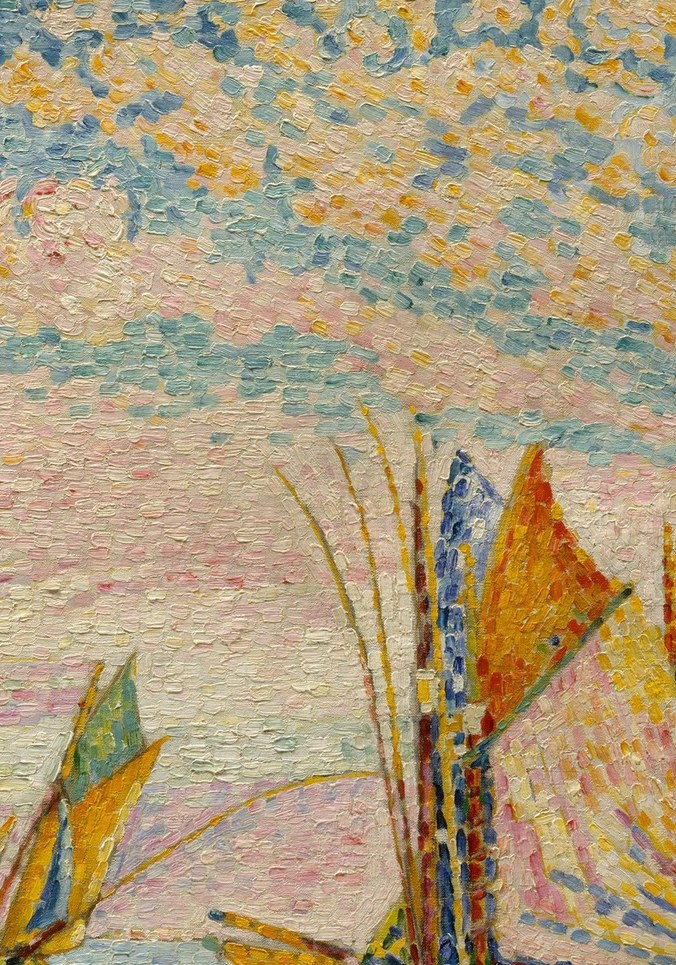 The hottest color in the canvas; Signac uses it to balance the cool lavender sky and demonstrate his theory that complementary hues vibrate when placed adjacently.