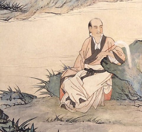 A scholar rests on a rock, lost in thought.