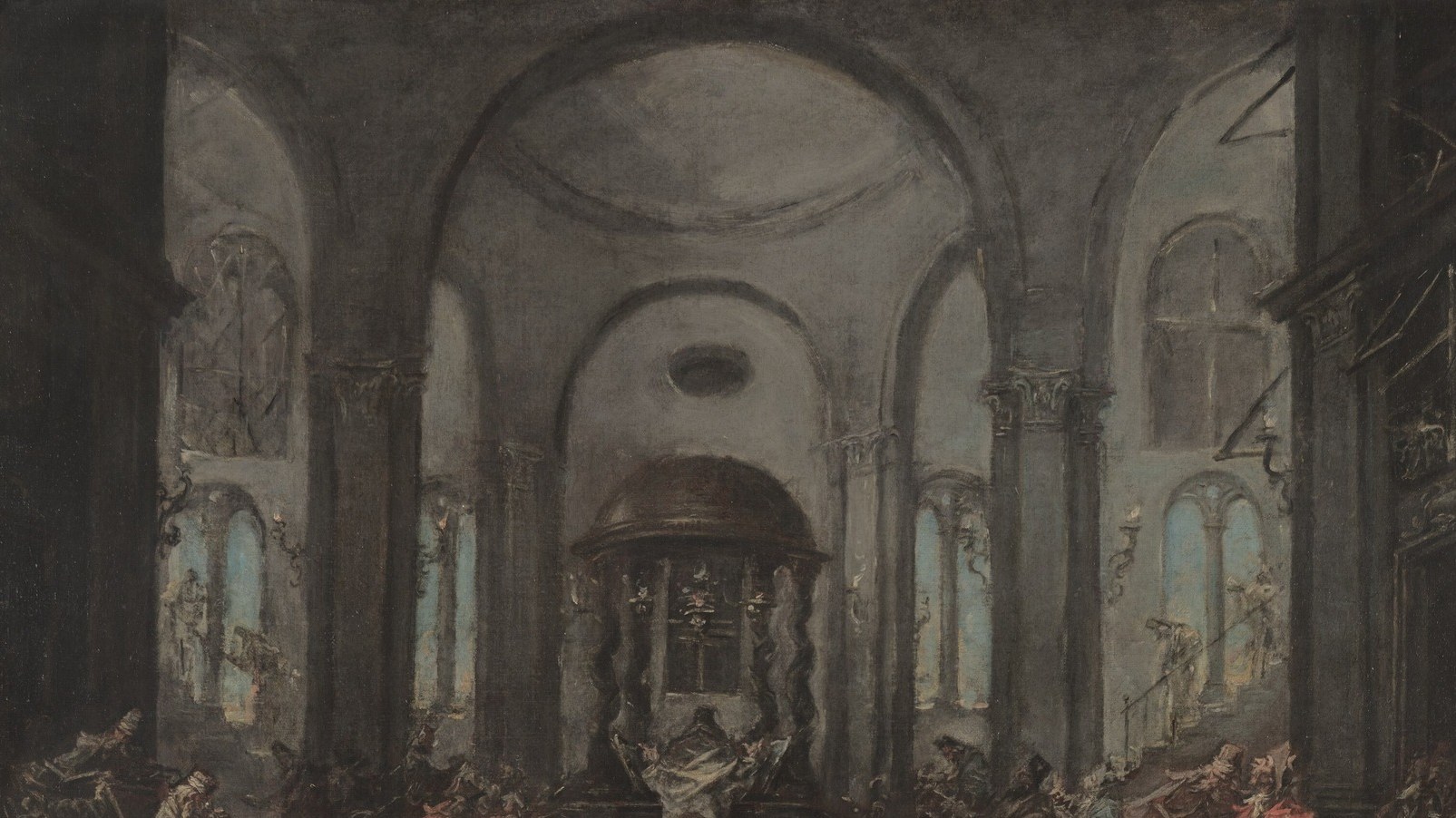 The grand, shadowed architecture creates a sense of awe and enclosure, framing the human drama below.