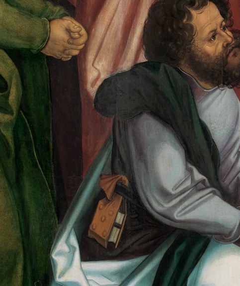 Strongly lit face at the near threshold; probably the young John , his gaze directed at Mary makes him the viewer's surrogate witness, linking the modern eye to the sacred event.