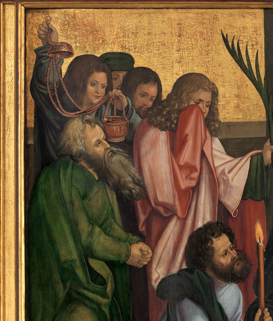 Six or more overlapping faces at varying depths compress collective grief into a single packed zone , a Northern Renaissance crowd-management strategy that rewards slow reading.