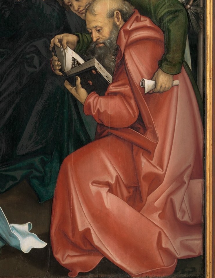 The vermillion cloak is the largest single color field in the painting; its mass and the figure's deep bow pull the right side into the composition's gravitational center.
