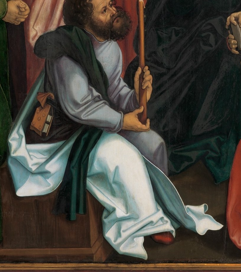 Schäufelein floods the center with near-white fabric so the dying figure glows outward; the color hierarchy (white figure, saturated apostles) is the visual argument of the painting.