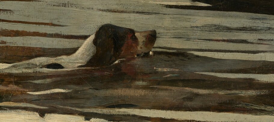 The painting captures a critical moment of pursuit and survival.