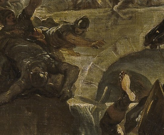 See the soldier defending with his red shield.