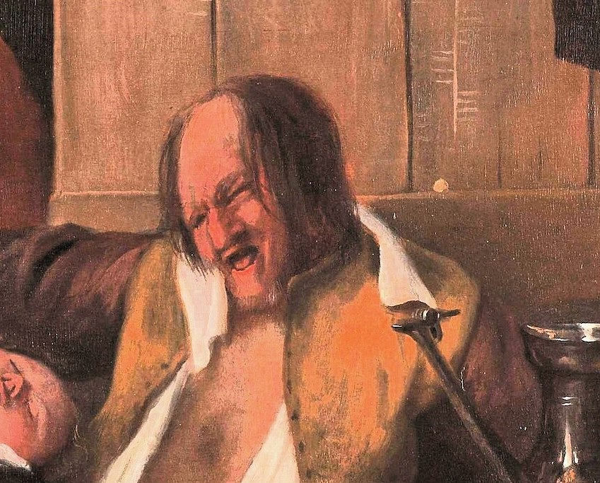 His grimace and glazed eyes convey extreme intoxication and discomfort.