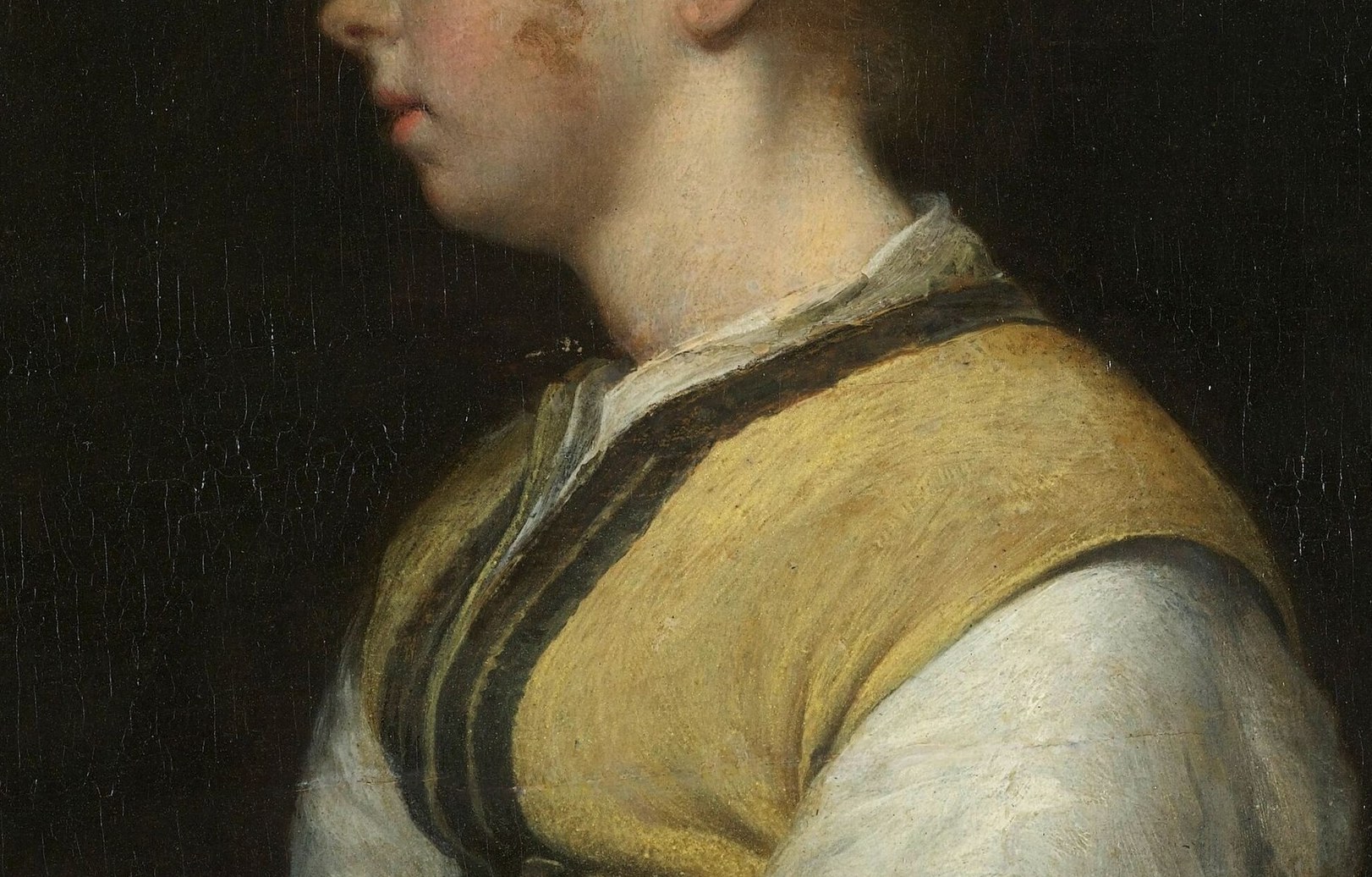 She wears a simple yellow vest, typical peasant clothing of the era.