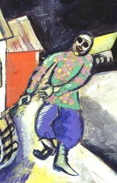 Scale is deliberately exaggerated relative to background figures , Chagall's Fauve-influenced distortion compresses space so one person looms over an entire street scene