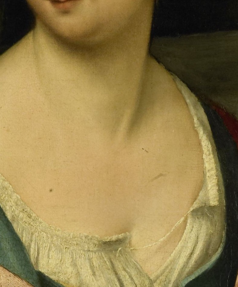 She looks away, while her maidservant steadies her.