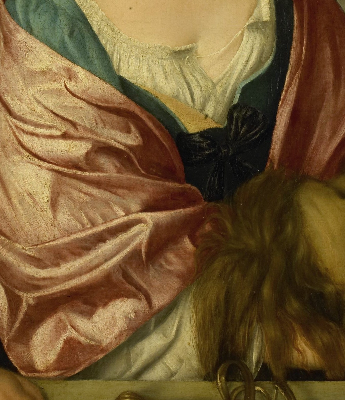 The rich texture and folds of the fabric, rendered with dramatic chiaroscuro, add a sense of opulence and drama.