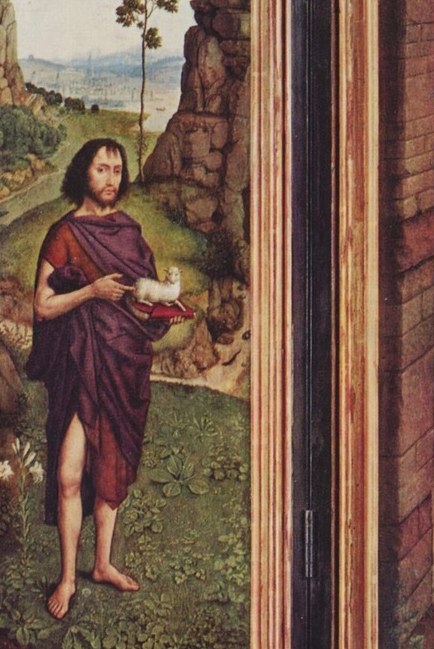 His serene expression and the gentle lamb suggest a spiritual calm amidst a rugged landscape.