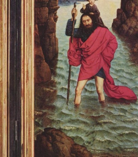Saint Christopher wades through rough water, a child on his shoulder.