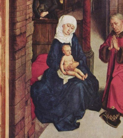 Mary holds the Child at the center. The Magi kneel around them.