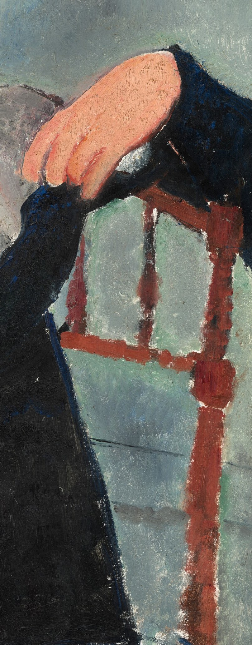 Its bold color and simple form provide a strong visual anchor and contrast to the sitter's muted tones.