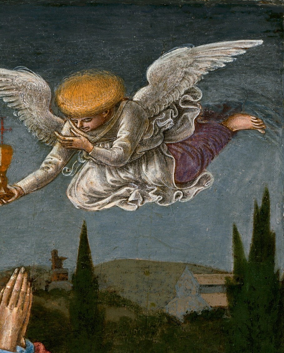 An angel offers him the cup of suffering.