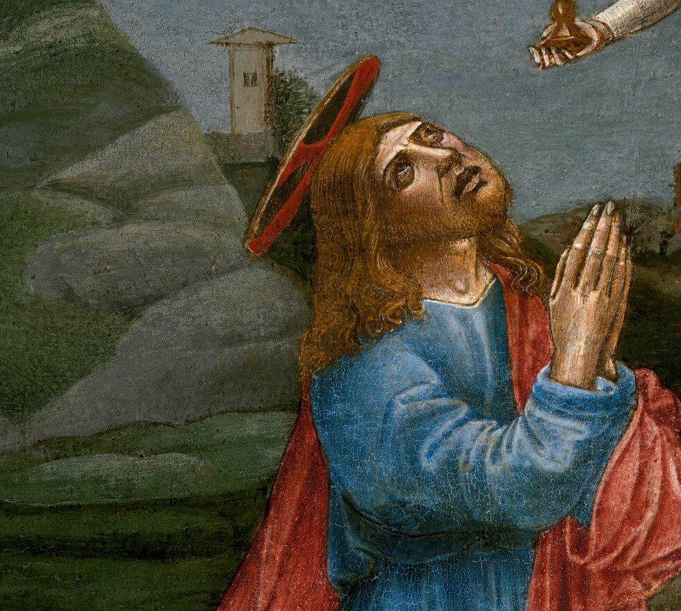 The halo identifies Christ's divine status even in human vulnerability; close up it likely shows Sienese tooled-gold craftsmanship characteristic of the period.