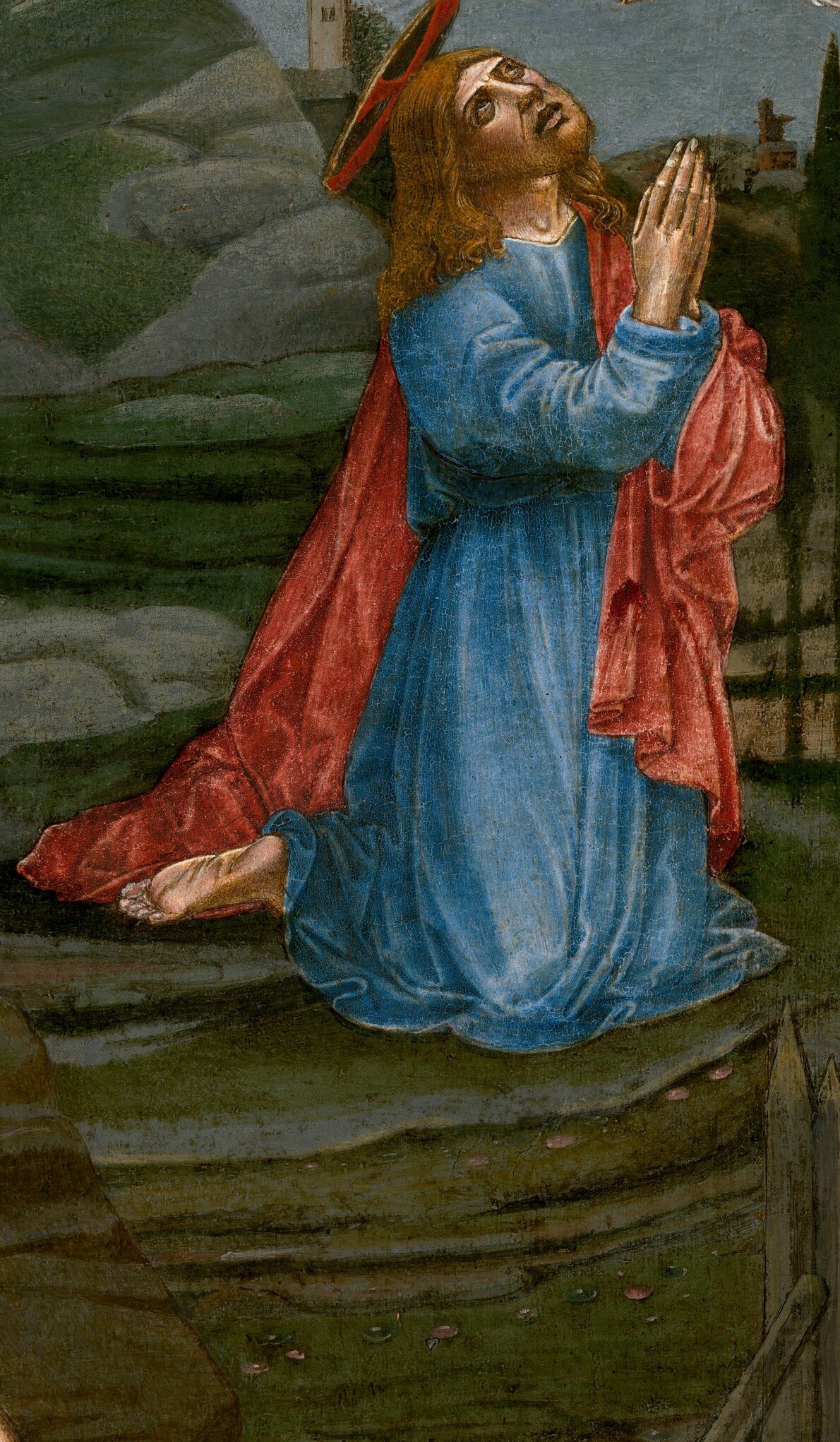 The devotional core of the image , Christ's upward gaze and raised hands convey anguish and surrender; the vivid magenta robe makes him the chromatic anchor of the composition.