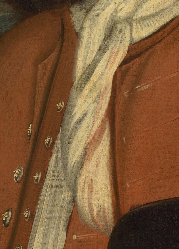 The crisp, voluminous cravat is a signifier of fashion and social standing, its bright white contrasting with the darker tones.