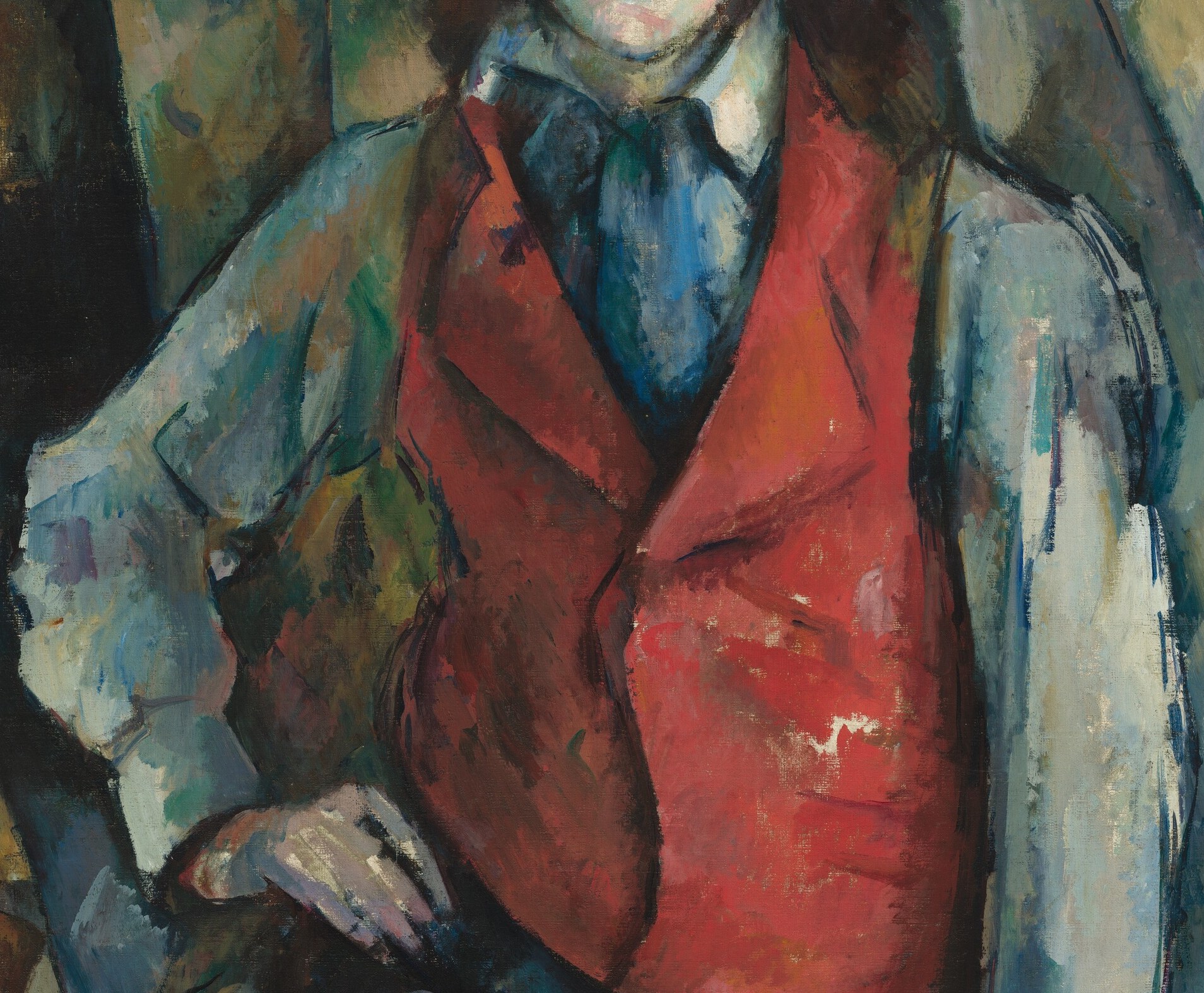 The dominant chromatic statement of the painting; Cézanne uses the red to anchor the composition and test his theory of color as structural form rather than mere surface decoration.