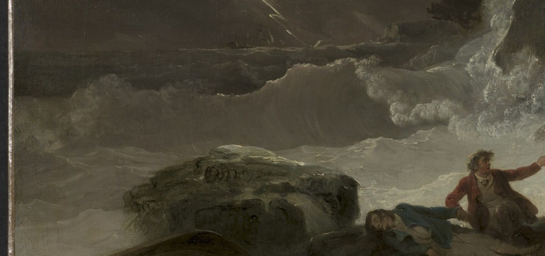 The sea churns with towering waves, threatening the shore.