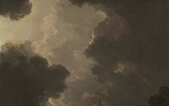 A dramatic lightning strike illuminates the scene.