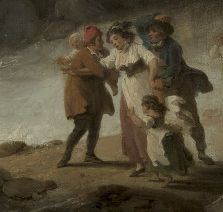On the shore, people struggle against the fierce wind and rain.