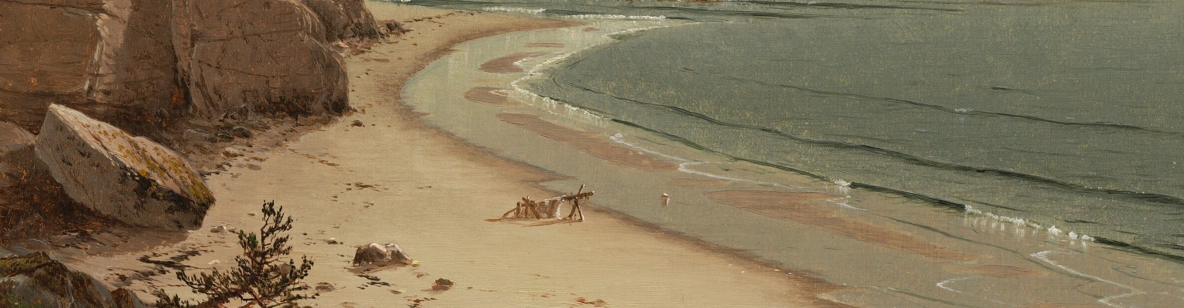 The compositional arc that unifies the scene; the graceful curve draws the eye from cliff to open water, a hallmark of Luminism's controlled geometry.