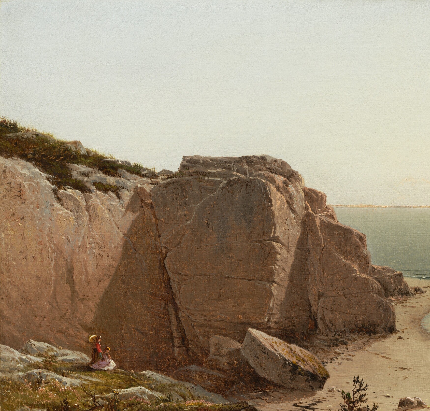 The structural spine of the composition; warm golden-tan stone with stratified layers and shadows that reward close inspection of Bricher's brushwork on rough texture.