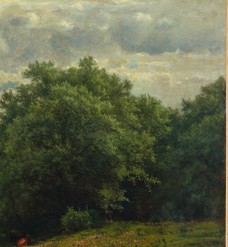 The compositional anchor , its dense, sun-lit crown against the cloud-broken sky creates the painting's central tension between earth and atmosphere.