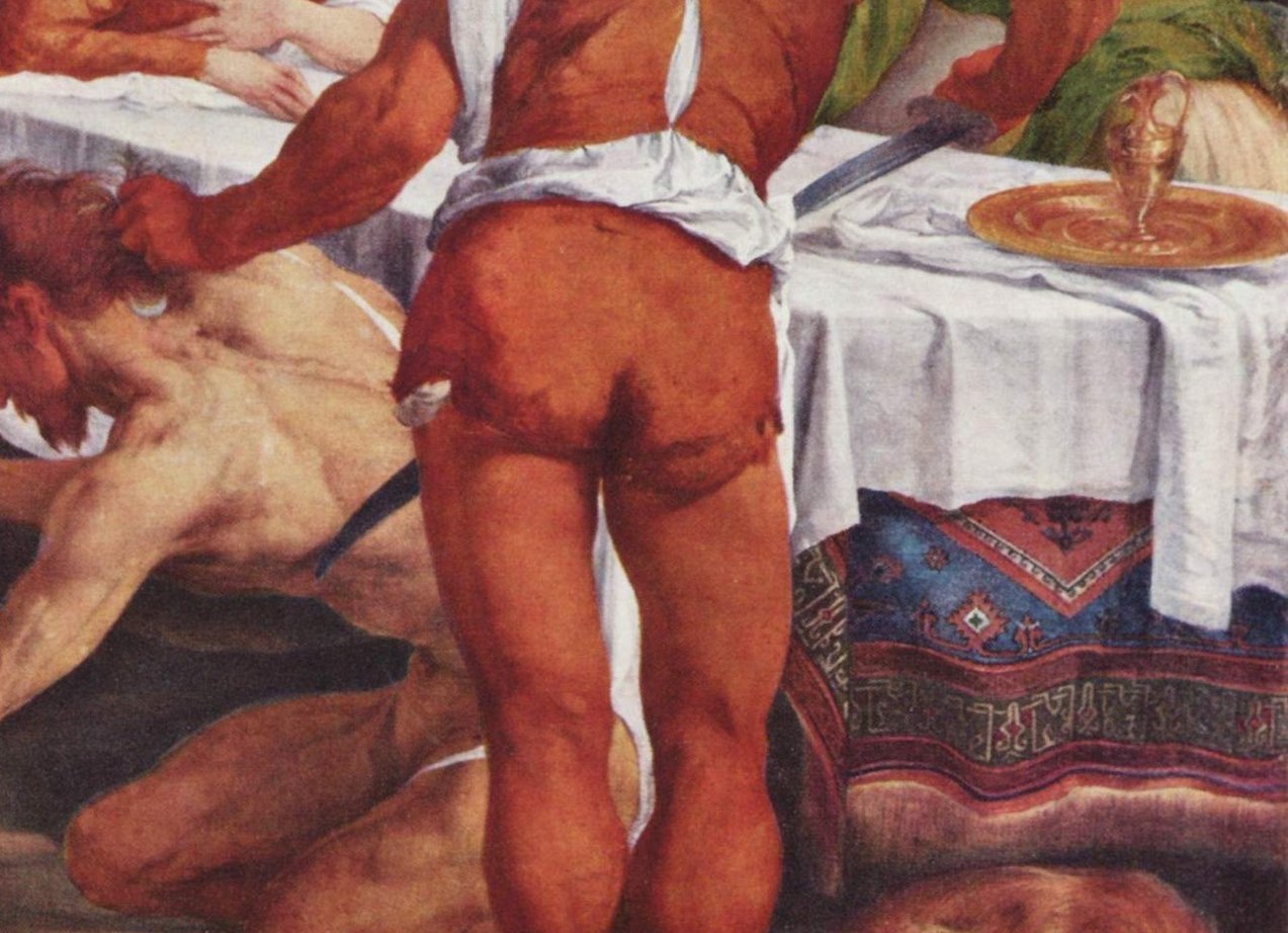 But look at the opulent feast unfolding beside the violence.