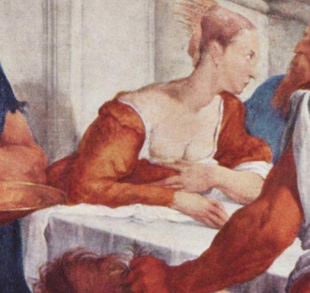 A woman at the table seems to watch, perhaps in detachment.