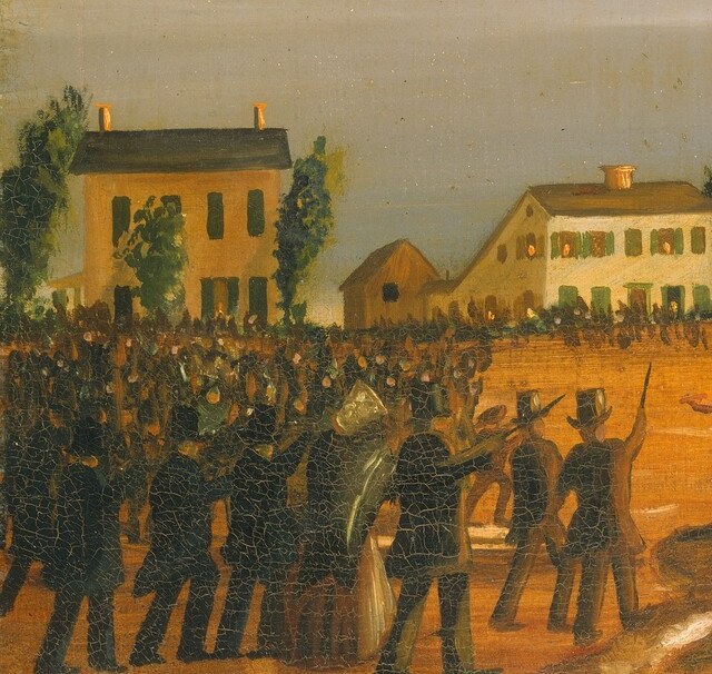 A dense press of townspeople bearing witness; their upturned faces and silhouetted forms provide human scale and communal grief, anchoring this as a community event, not just a spectacle.